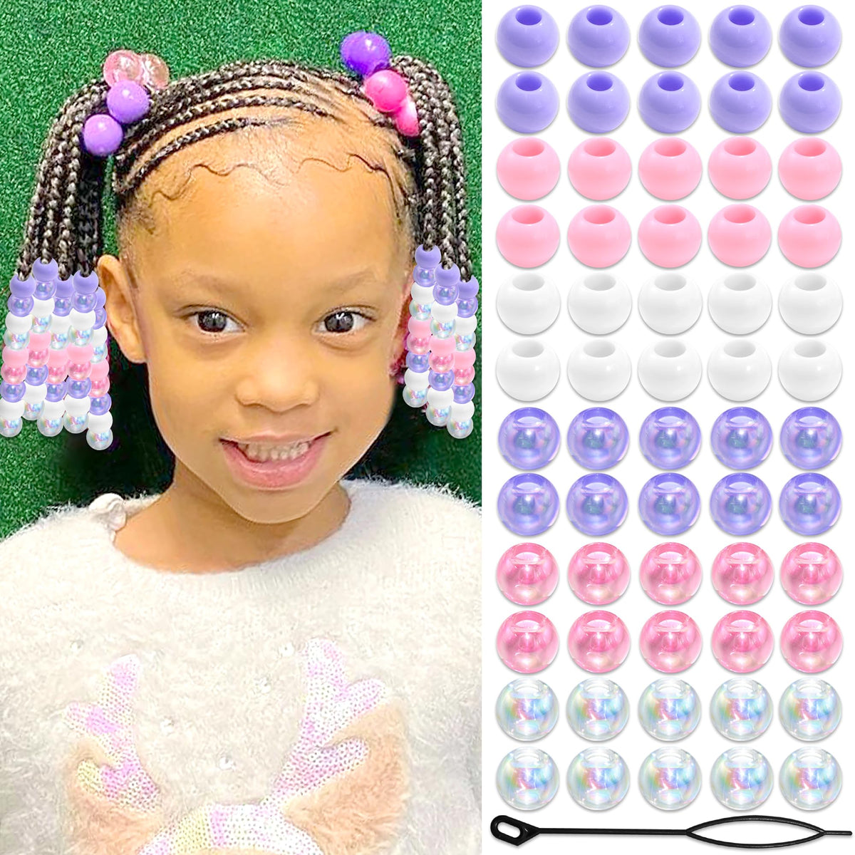 NAISKA 60PCS Blue Pink Hair Beads Purple Beads for Braids Iridescent Mermaid Dreadlock Pony Bead 3 Colors Loc Jewelry Summer Hair Accessories for Kids Girls