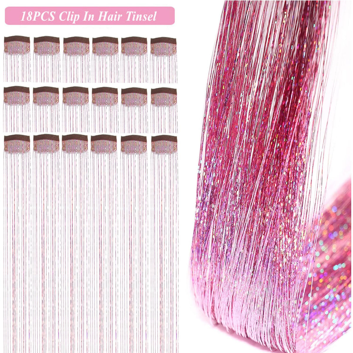 18 Pcs Hair Tinsel Clip in, Pink Hair Tinsel Kit, Tinsel Hair Extensions