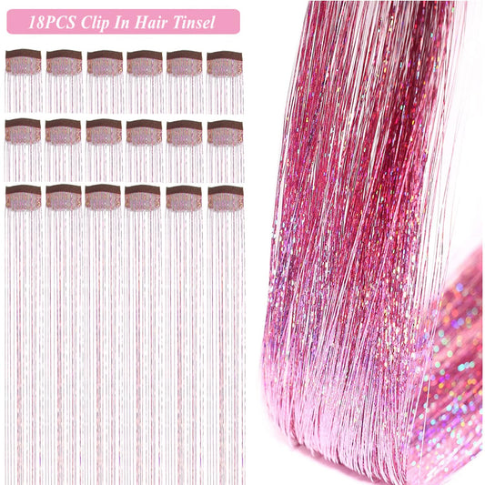 18 Pcs Hair Tinsel Clip in, Pink Hair Tinsel Kit, Tinsel Hair Extensions