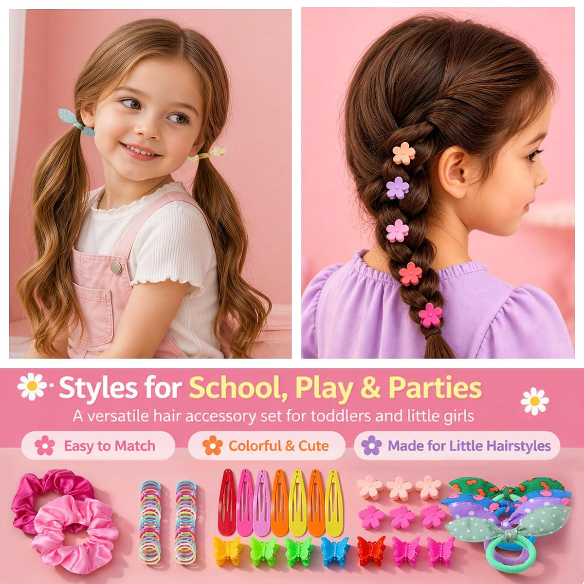 Rosvia Hair Accessories Set for Girls,Toddler Colorful Elastic Hair Ties with Gift Box 505PCS, Cute Rabbit Ear Hair Ties, Mini Flower Claw Clips and Butterfly Hair Clips,Satin Silk Scrunchies