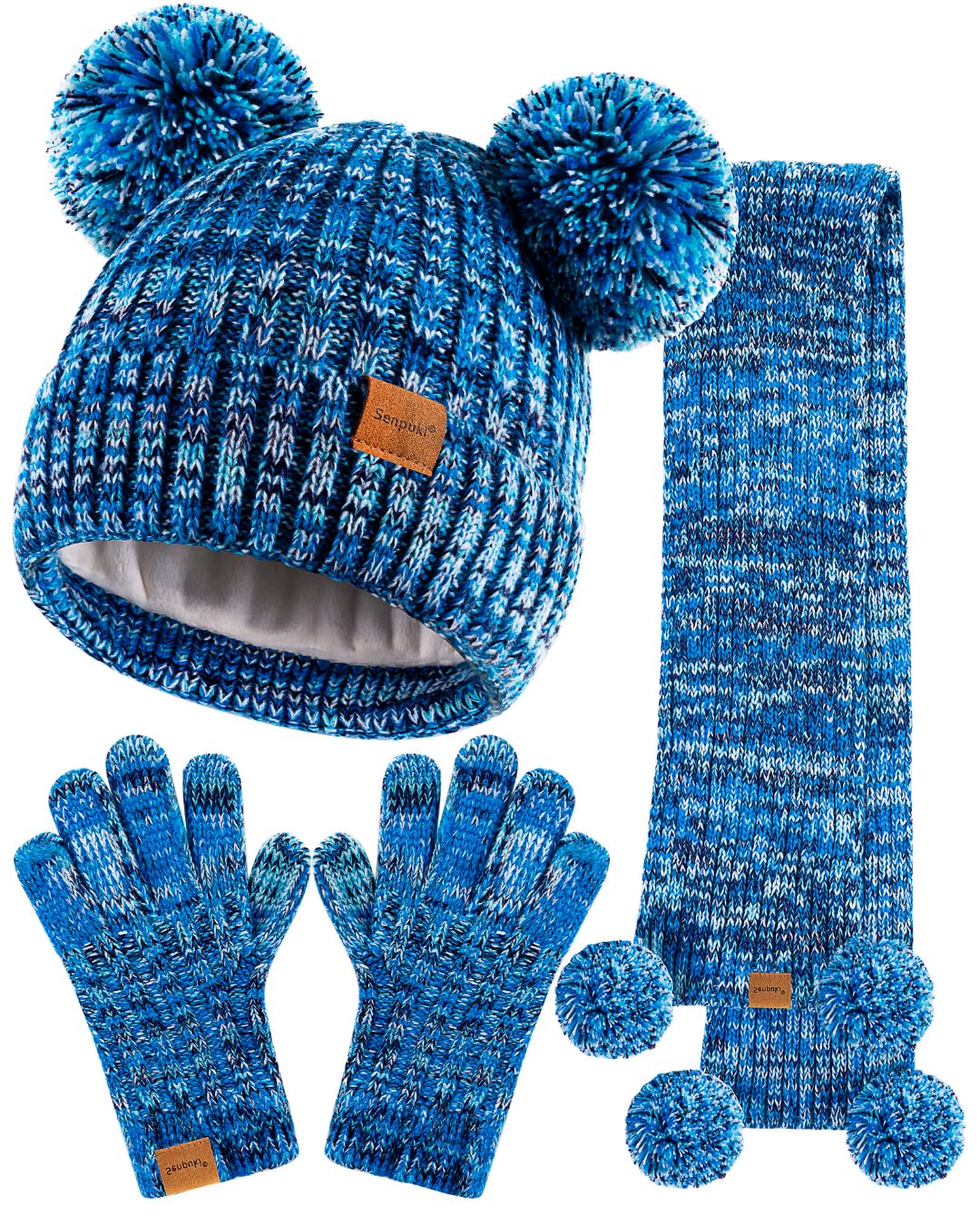 Kids Winter Hat Gloves Scarf Set, Girls Toddler Children Beanie with Pom Knit Neck Warmer Gaiter Mittens Fleece Lined Set