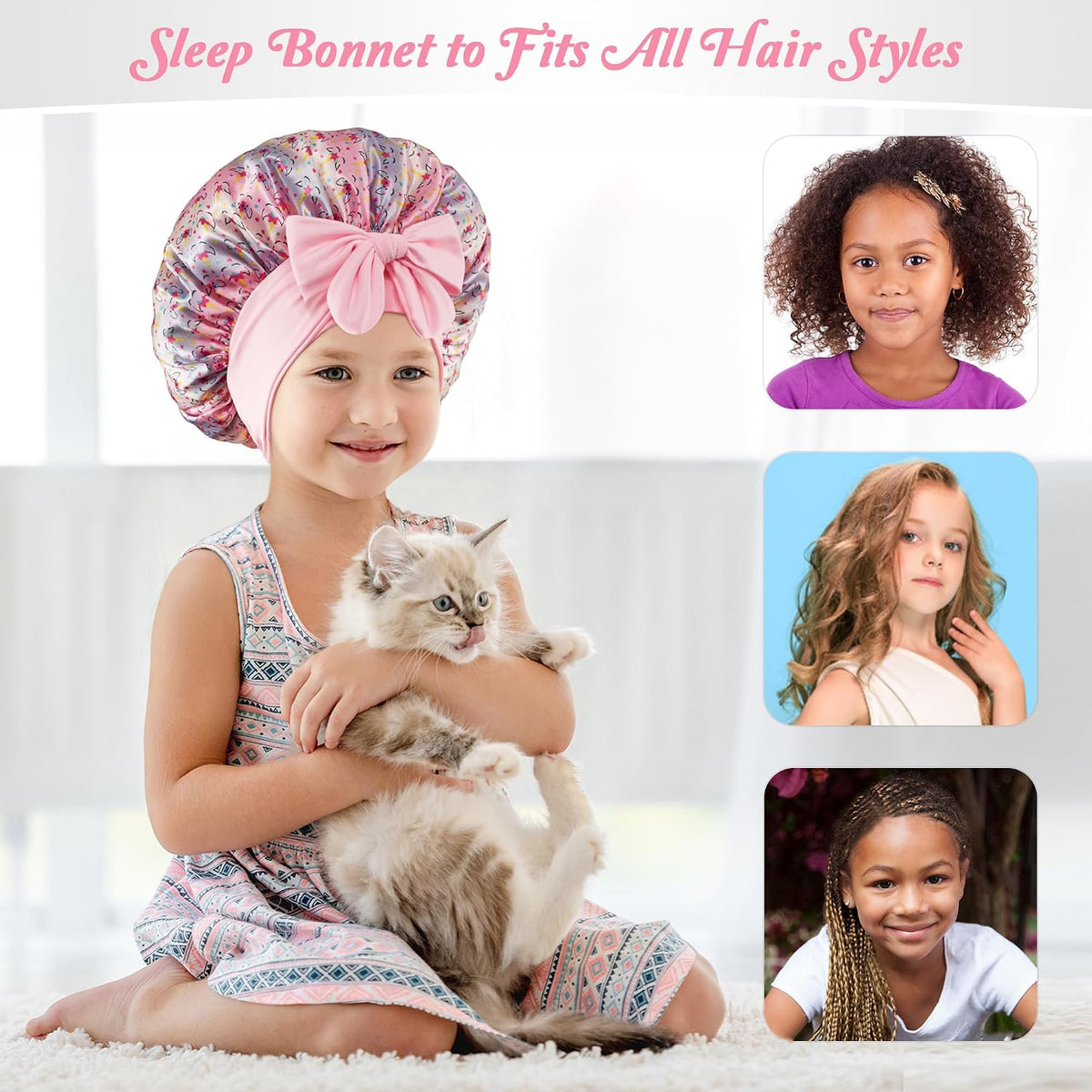 Silk Bonnet for Kids, Satin Hair Bonnet for Sleeping with Tie Band