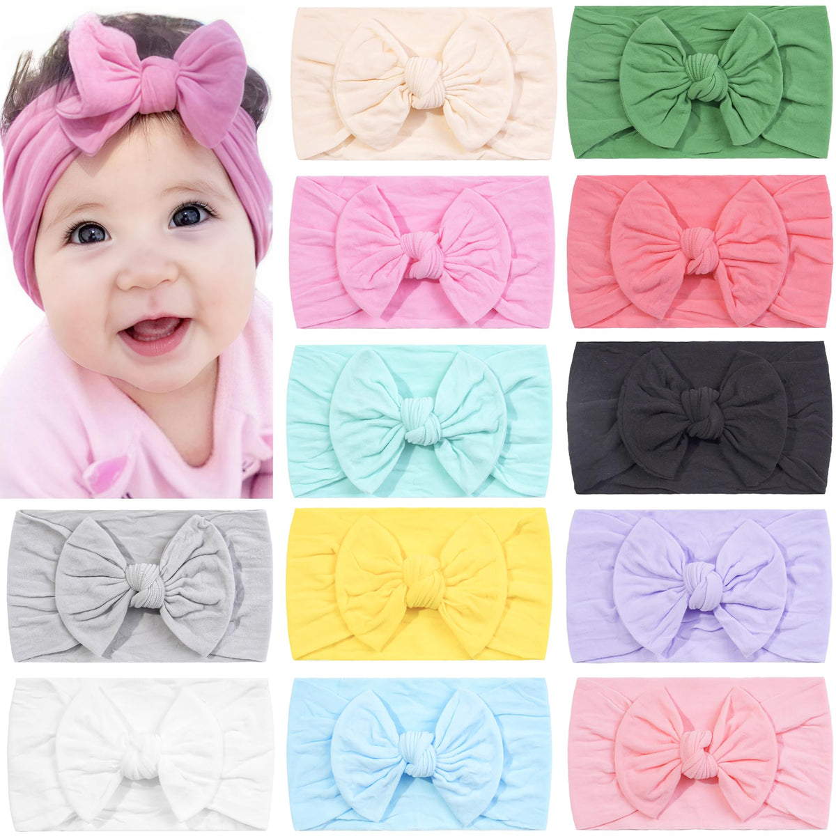CÉLLOT 20 Colors Super Stretchy Soft Knot Baby Girl Headbands with Hair Bows Nylon Head Wrap For Newborn Baby Girls Infants Toddlers Kids