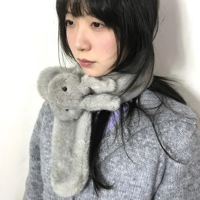 Women's Cartoonish Cute Rabbit Modelling Mock Mink Hair Warm Scarf - 85x10cm, One Size Home Decor Statue Accessory with Warmth, Black White Accent