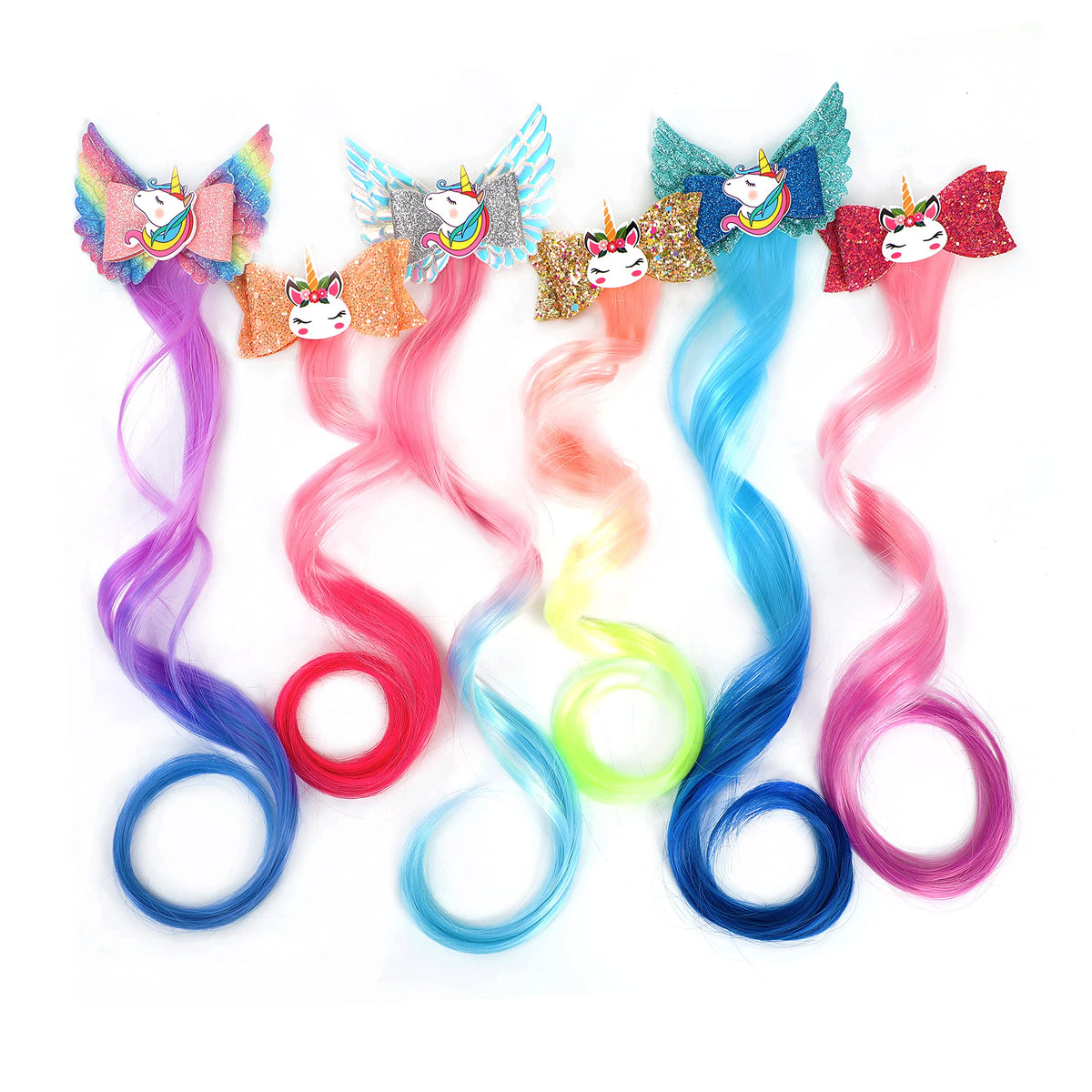 6 Pcs Unicorn Hair Bows Hair Clips For Girls Rainbow Hair Extensions For Kids Toddler Kids Ponytails Hand-made Cute Glitter Hair Accessories