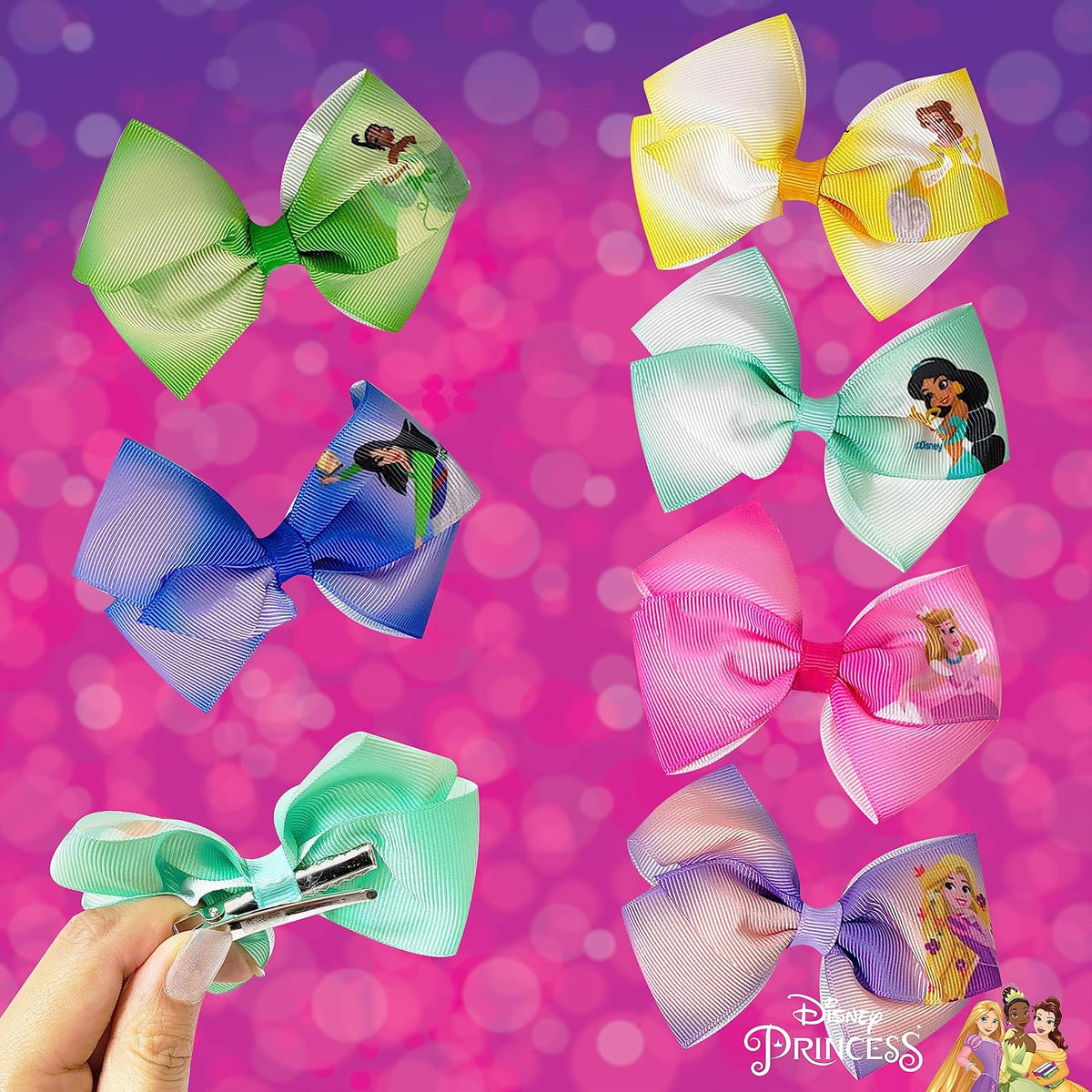 Disney Princess - Girls Hair Accessories Gift Set - Kids Hair Bows - 7 Pcs 4 Inch Bundle - Different Princess on Each Clip - Alligator Clip Ages 3+