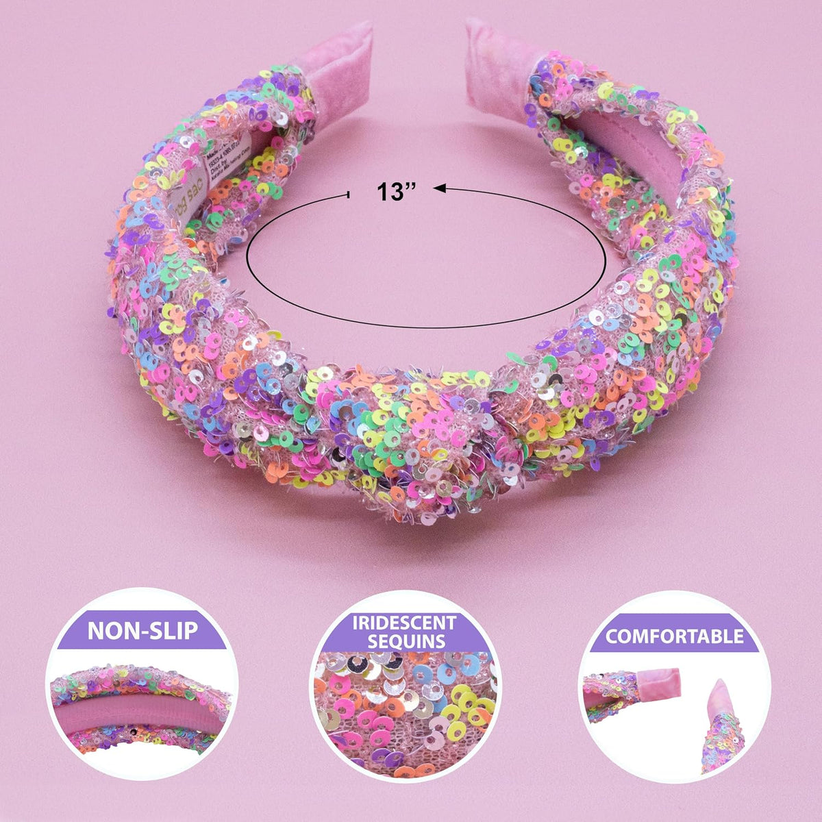 FROG SAC Knotted Headbands for Girls - Rainbow Sequin Knot Head Bands for Kids, Sparkly Toddler Headband, Sparkle Beaded Hair Band Accessories, Easter Basket Fillers Stocking Stuffers