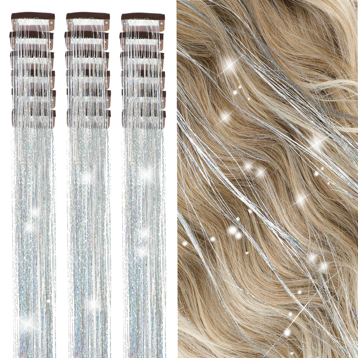 18 Pcs Hair Tinsel Clip in, Pink Hair Tinsel Kit, Tinsel Hair Extensions