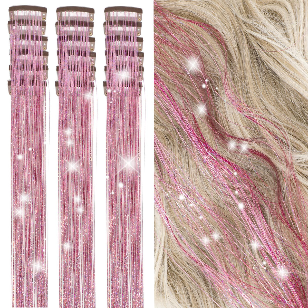 18 Pcs Hair Tinsel Clip in, Pink Hair Tinsel Kit, Tinsel Hair Extensions