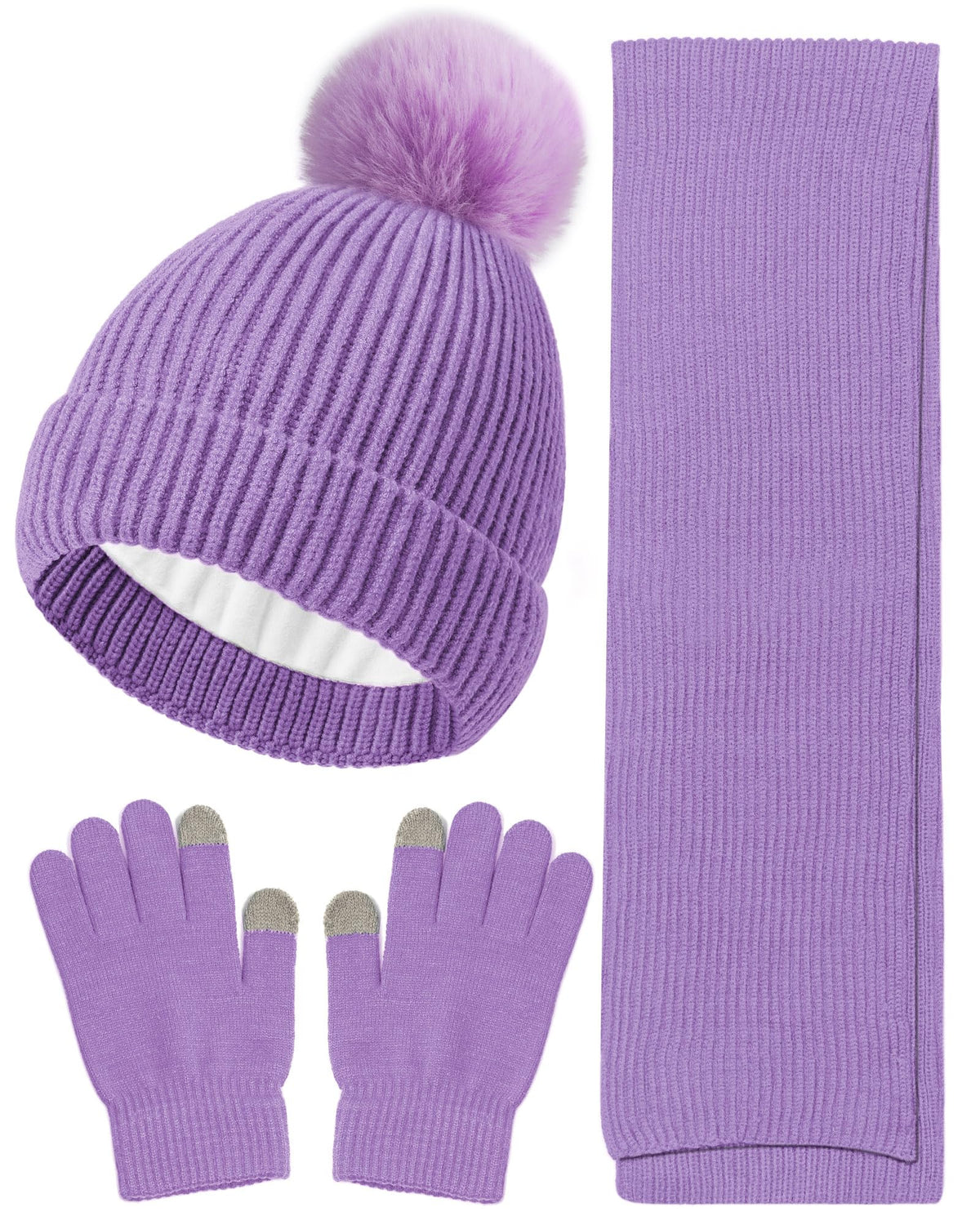 Wandx Kids Winter Hat Gloves Scarf Set Children Pompom Knit Beanie Warm Gloves with Thick Fleece for Boys Girls Ages 4-12