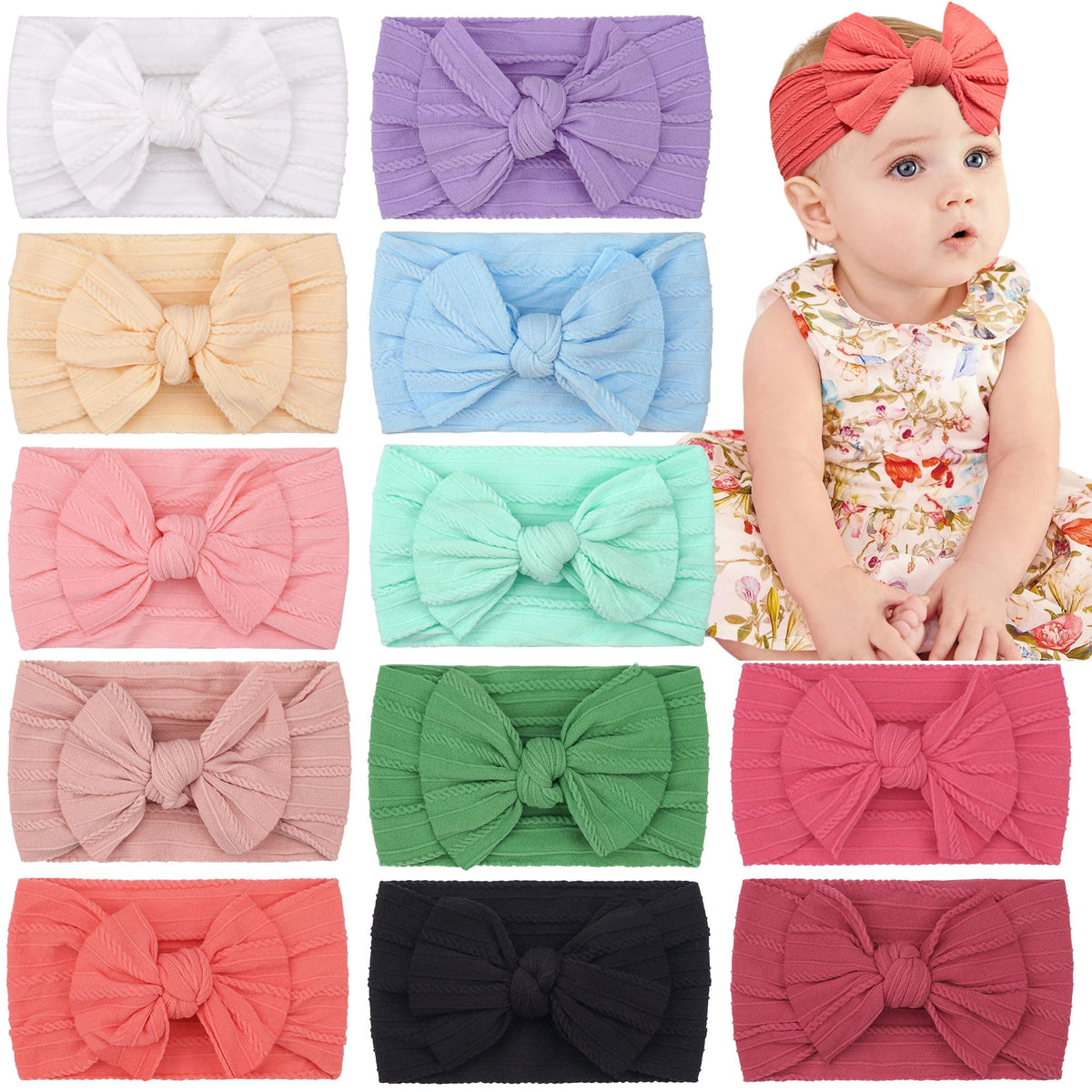 CÉLLOT 20 Colors Super Stretchy Soft Knot Baby Girl Headbands with Hair Bows Nylon Head Wrap For Newborn Baby Girls Infants Toddlers Kids
