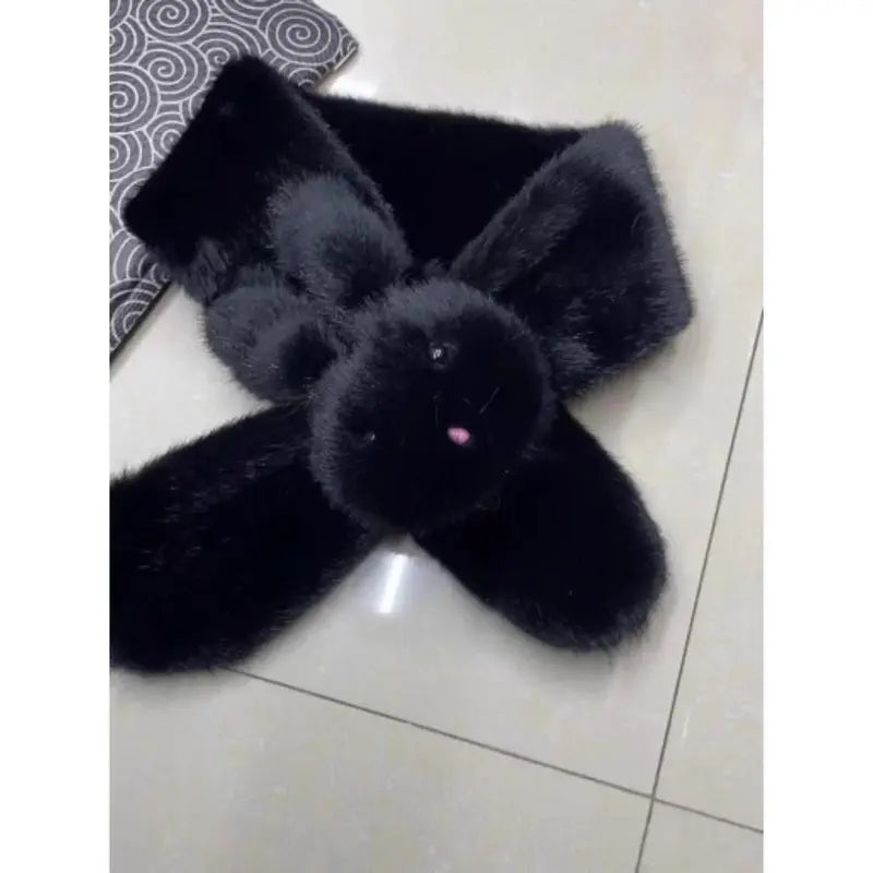 Women's Cartoonish Cute Rabbit Modelling Mock Mink Hair Warm Scarf - 85x10cm, One Size Home Decor Statue Accessory with Warmth, Black White Accent