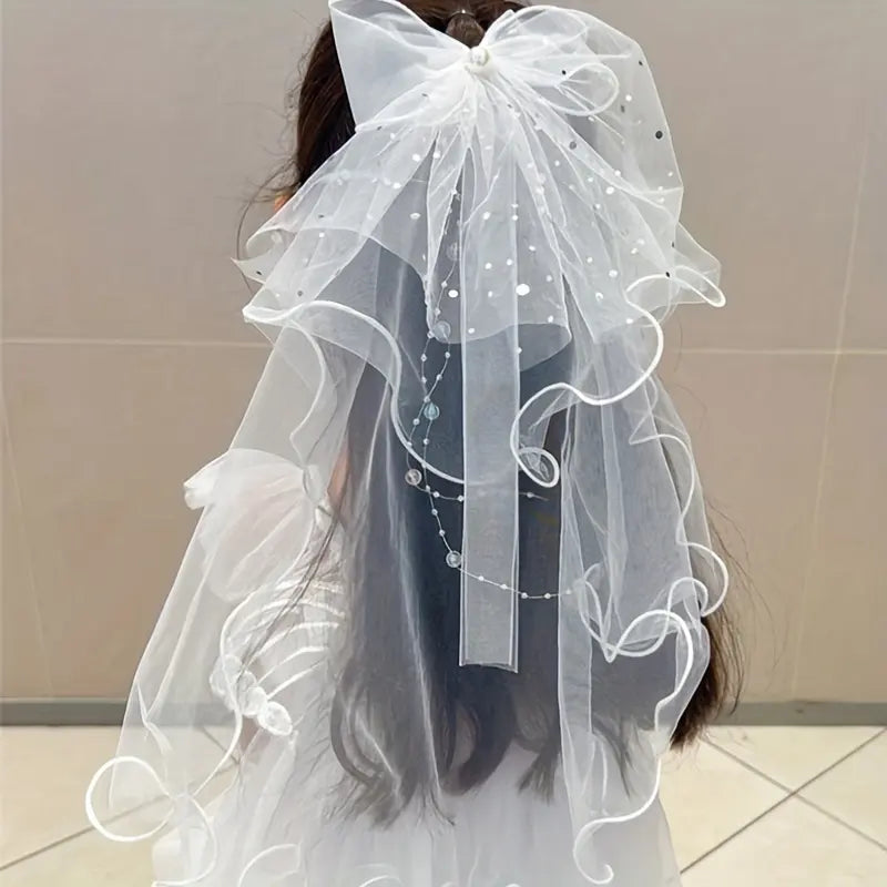 Kids' Polyester Plain Cute Mesh Bow Veil Hair Accessories - One Size Princess Aesthetic Set, Elegant Durable Fairytale Clip/Pin for Girls' Party, Wedding Photography