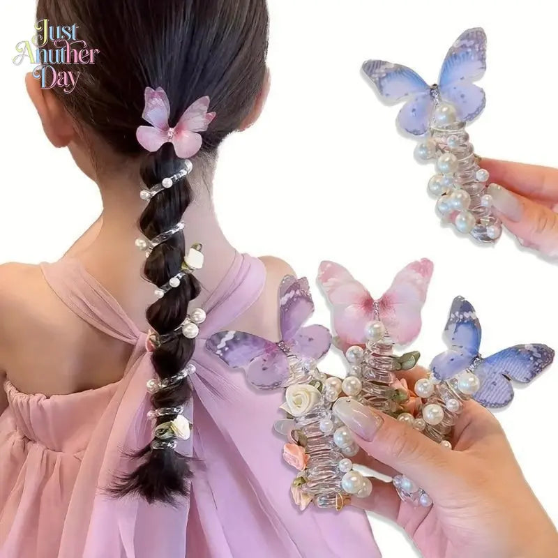 This set of three exquisite mesh butterfly-shaped telephone cord hair ties is perfect for girls. Featuring a cute beaded flower design, these sweet hair accessories are suitable for everyday wear and parties.