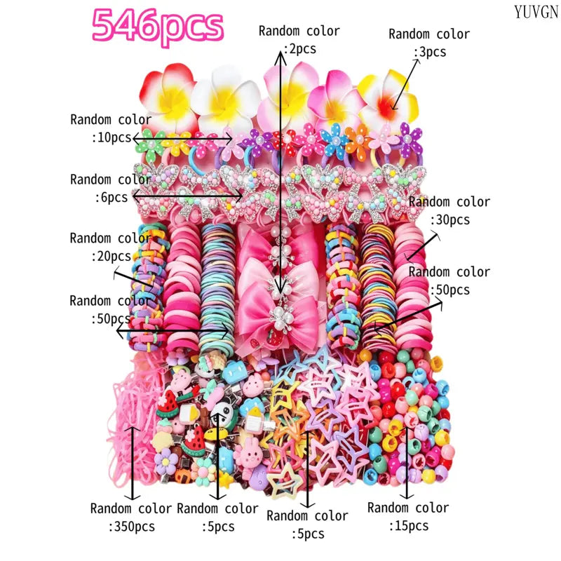 546-Piece Elastic Hair Accessory Set - Cute Colorful Cartoon Clips, Flower Barrettes, Ties for Daily Wear, Party, Playful Look, Flower Barrette Fun, Mix and Match for Fresh Daily Looks (546 Styles Inside)