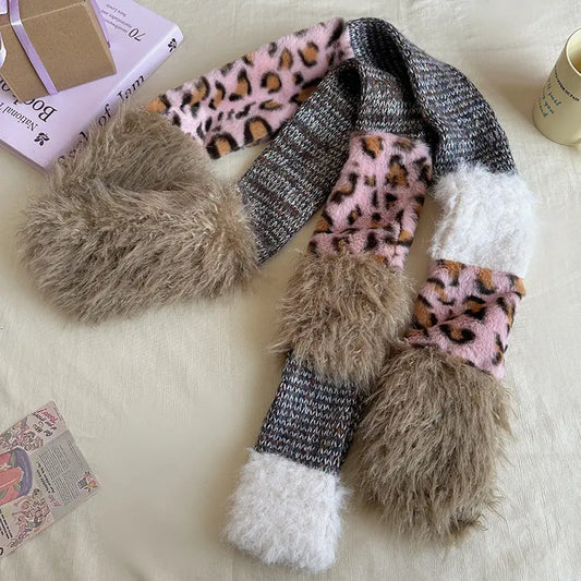 Knitted Scarf with Color Block Design, Versatile and Warm, Unique Leopard Print Scarf for Men and Women