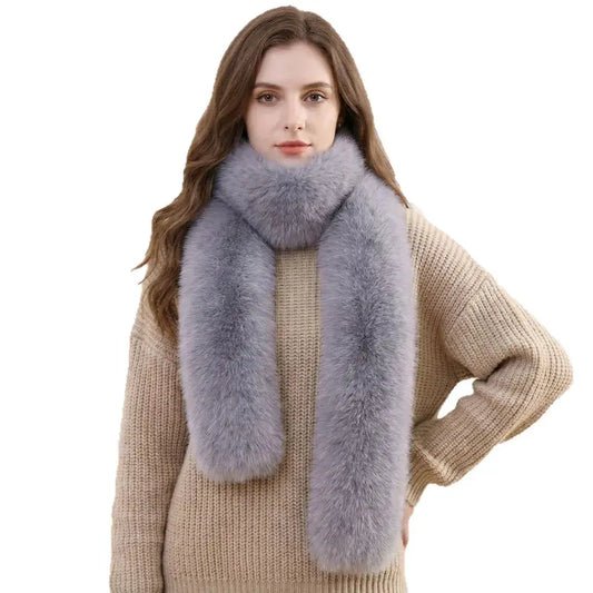 Women's 1-Piece Thickened Vintage Long Reversible Faux Fox Fur Wool-Cotton Winter Scarf - Ins, One Size, Warm Fashionable Multifunctional Accessory for Adult Gown Coats