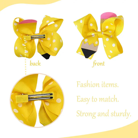 JoyBowie Kids' 6 Polka Dot Bows 4.5 Inches Dot Print Knit Hair Accessories Sets, Pencil-Themed 4-5 Years Back-to-School Playful Headpieces for Hair Styling
