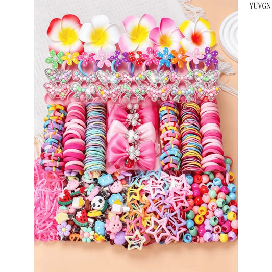 546-Piece Elastic Hair Accessory Set - Cute Colorful Cartoon Clips, Flower Barrettes, Ties for Daily Wear, Party, Playful Look, Flower Barrette Fun, Mix and Match for Fresh Daily Looks (546 Styles Inside)