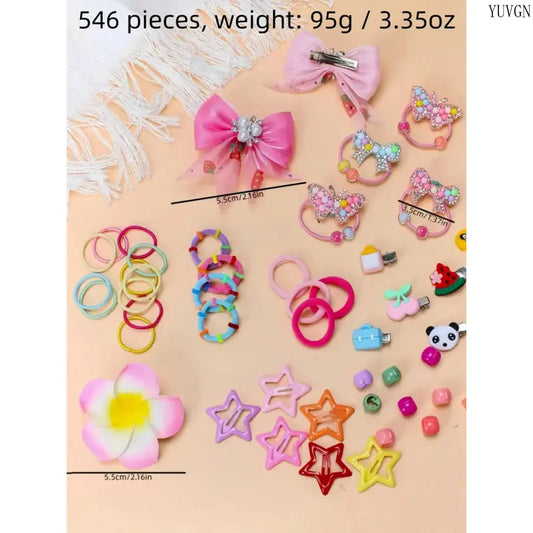 546-Piece Elastic Hair Accessory Set - Cute Colorful Cartoon Clips, Flower Barrettes, Ties for Daily Wear, Party, Playful Look, Flower Barrette Fun, Mix and Match for Fresh Daily Looks (546 Styles Inside)