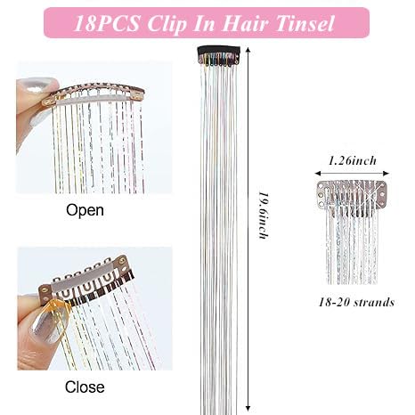 18 Pcs Hair Tinsel Clip in, Pink Hair Tinsel Kit, Tinsel Hair Extensions