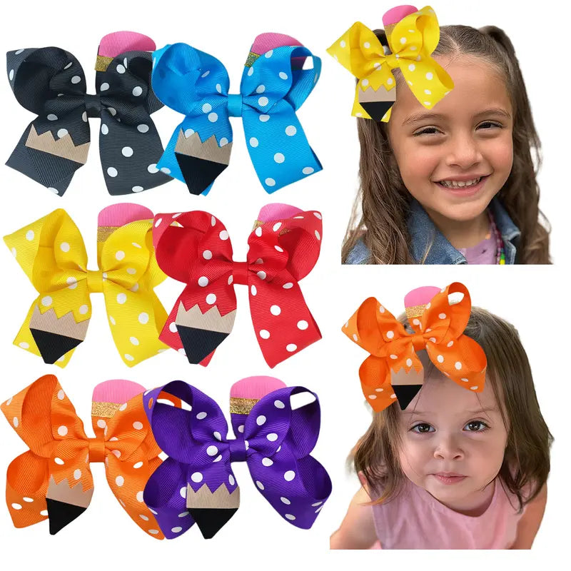 JoyBowie Kids' 6 Polka Dot Bows 4.5 Inches Dot Print Knit Hair Accessories Sets, Pencil-Themed 4-5 Years Back-to-School Playful Headpieces for Hair Styling