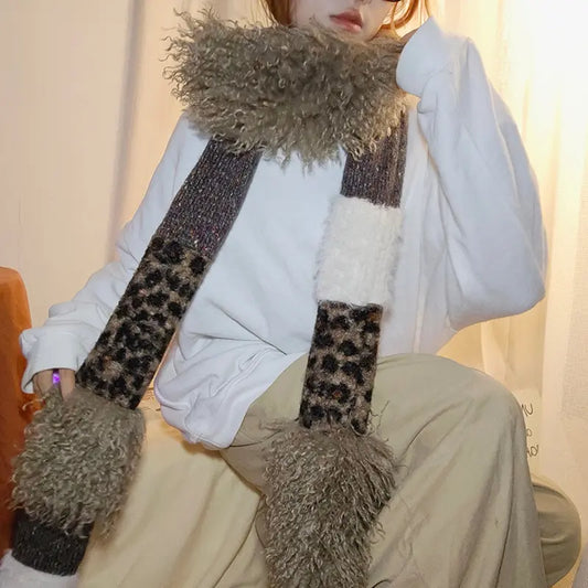 Knitted Scarf with Color Block Design, Versatile and Warm, Unique Leopard Print Scarf for Men and Women