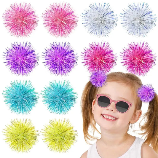 Kids' Shiny Tinsel Pomps Hair Clip/Hair Pin Set - 12 Pcs Mixed Colors, High-Quality Fluffy Balls, Glitter, Lightweight, Long-Wear, Festival Accessories