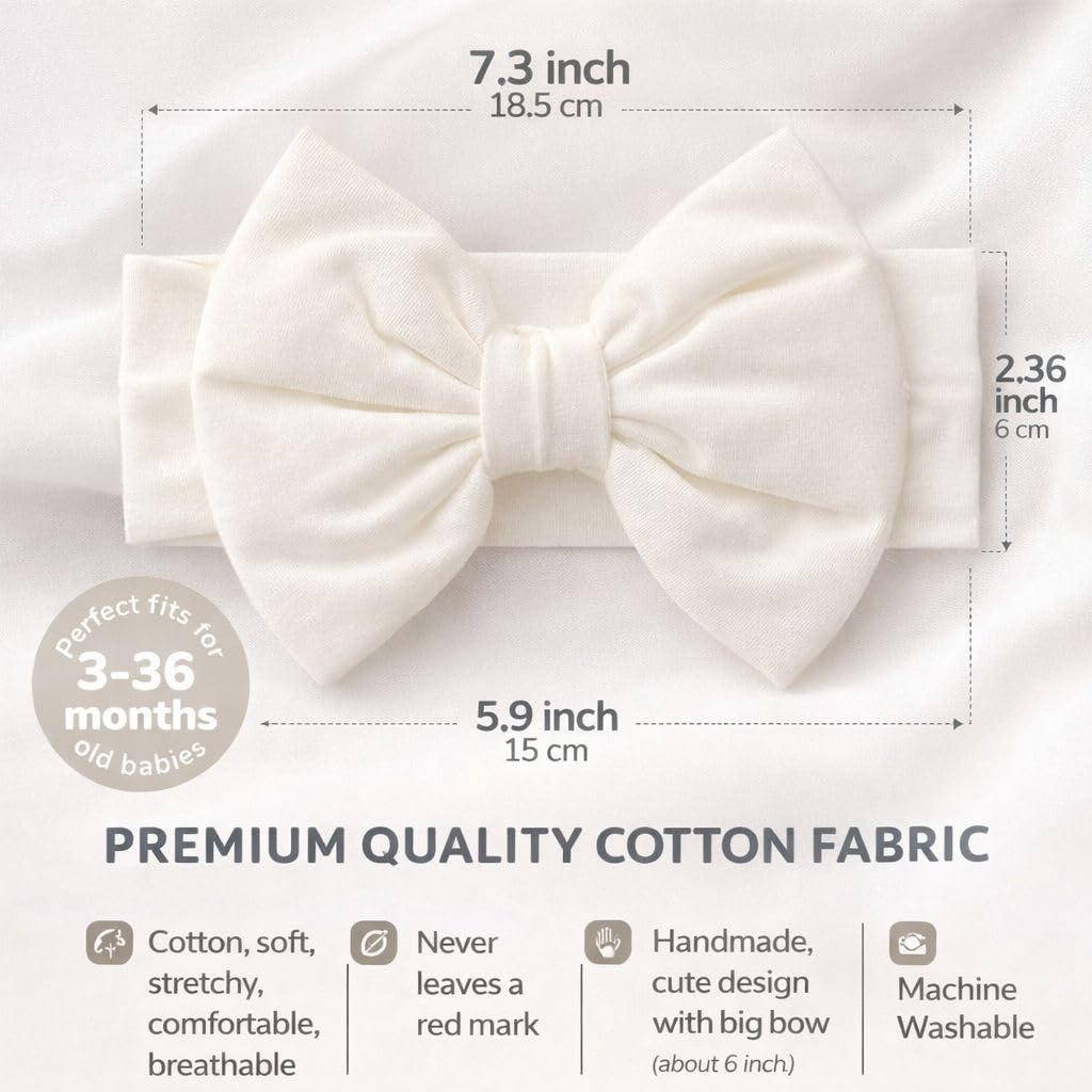 Baby Girl Headbands-Infant Toddler Cotton Handmade Hairbands with Big Bows Child Hair Accessories (Soft White, 3-36 Month)