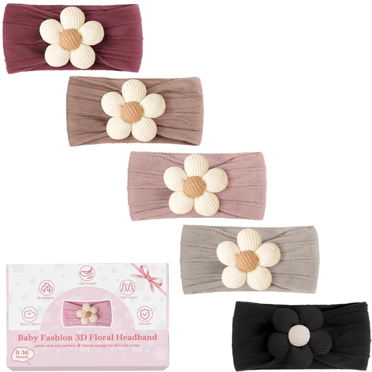 CÉLLOT 5Pcs Baby Flower Headbands Baby Girl Soft Nylon Headband for Newborn