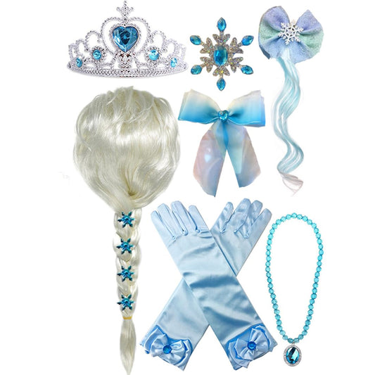 Princess Wig Braid with Tiara Necklace Gloves Princess Dress Up Costume Halloween Cosplay Accessories for Kids Girls