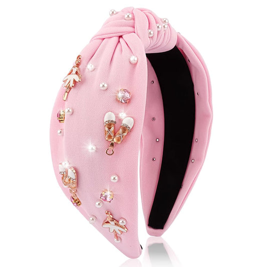 AHONEY Ballerina Dance Recital Gifts Ballet Pink Knotted Headband, Pearl Rhinestone Top Knot Jeweled Headpiece Hair Accessories for Girls Daughter Women