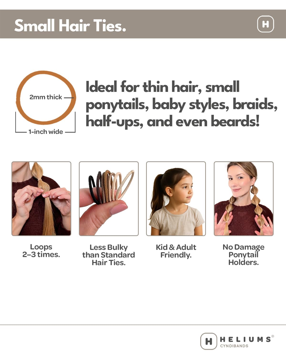 Heliums Small Hair Ties - Gray - No Damage Mini 1 Inch Reusable 2mm Elastics for Thin Hair and Kids, Neutral Ponytail Holders - 48 Count