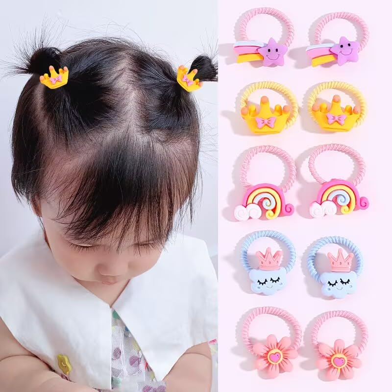30pcs Toddler Hair Ties,Cartoon Bow,Flowers,Rainbows,Crowns Style with Rubber Band for Girls,Elastic No Damage Tiny Hair Sruchies,2-8Years/Adult's Fine,Pastel Colors