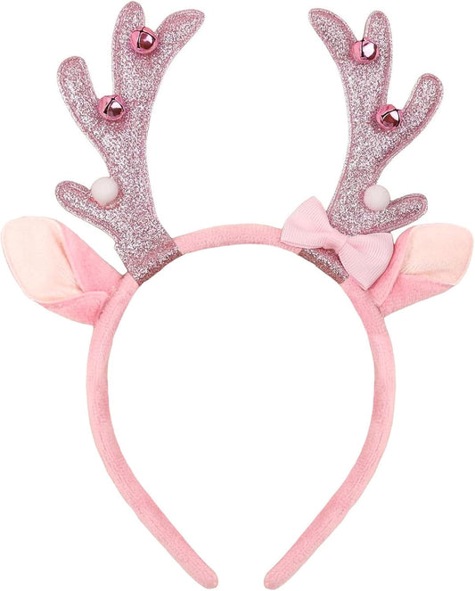 Glittering Pink Christmas Reindeer Antler Headband with Bell Bow - Festive Deer Ears Hair Band Cute Holiday Party Hair Accessories for Women Girls Christmas Supplies