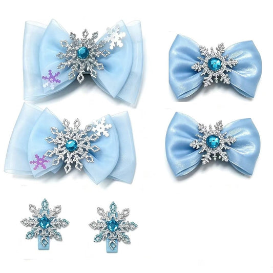 Blue Snowflake Bow Hair Clips Set of 6, Sparkly Rhinestone Ice Princess Barrettes, Bow Hair Accessories for Toddler Little Girls Party