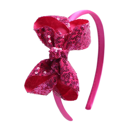 Sparkle Glitter Sequin Bow Headband for Children Girls- Boutique Style Hair Accessory with Bow Ribbon - 1 Piece (Hot Pink)