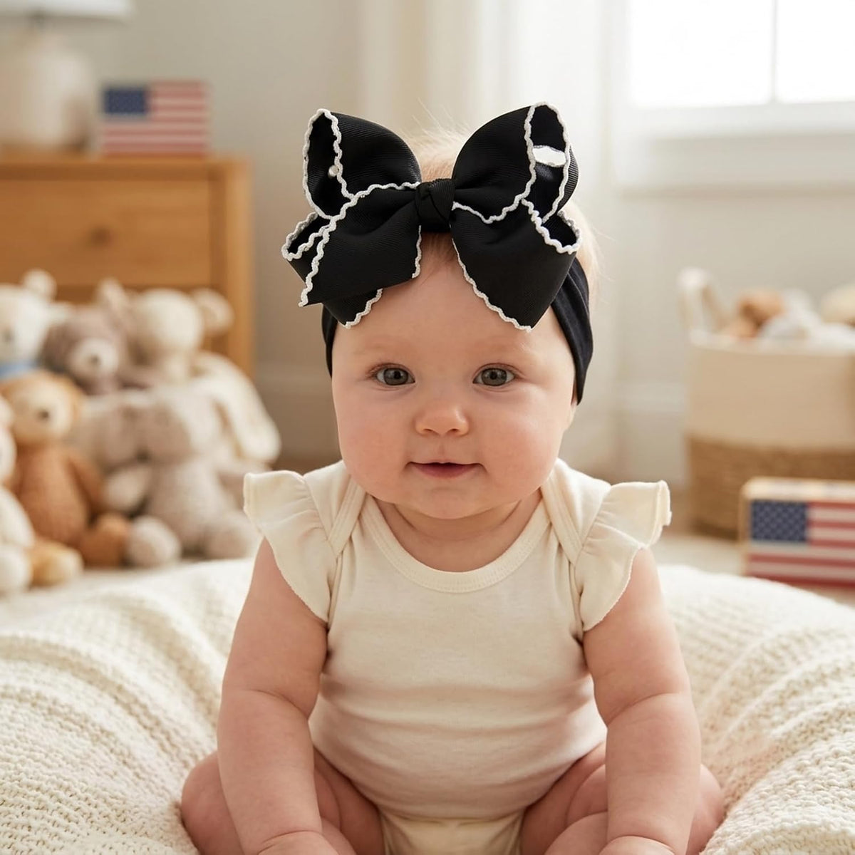 6'' Jumbo Black Baby Girls Bow Headbands, Soft Nylon Headwraps