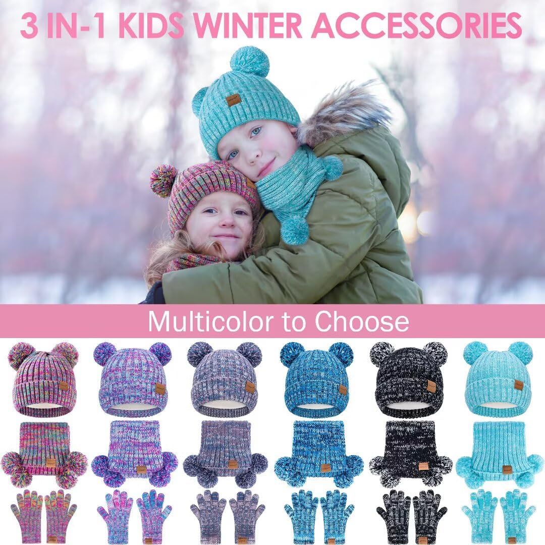 Kids Winter Hat Gloves Scarf Set, Girls Toddler Children Beanie with Pom Knit Neck Warmer Gaiter Mittens Fleece Lined Set