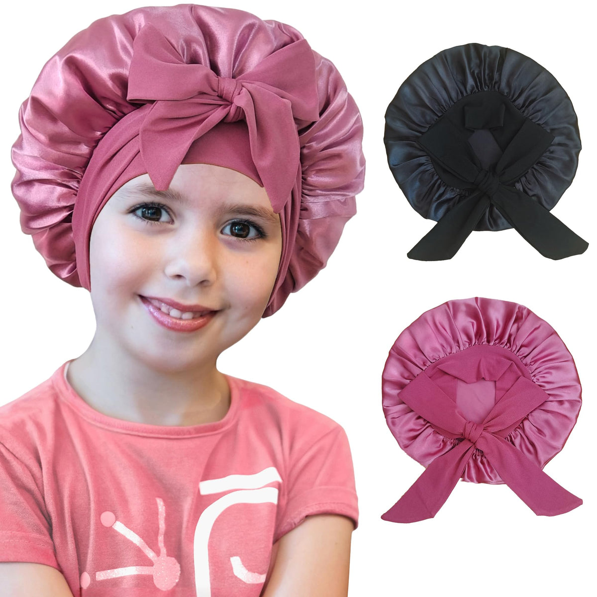 Silk Bonnet for Kids, Satin Hair Bonnet for Sleeping with Tie Band
