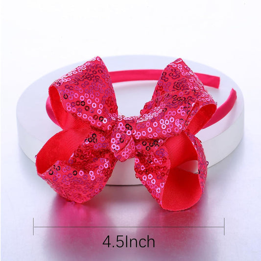 Sparkle Glitter Sequin Bow Headband for Children Girls- Boutique Style Hair Accessory with Bow Ribbon - 1 Piece (Hot Pink)