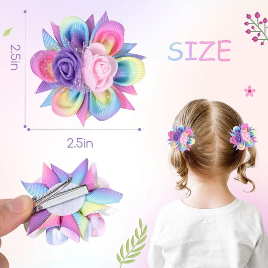 TOKUFAGU 6PCS Hair Bows for Girls, Flower Hair Clips Rainbow Hair Accessories for Girls Toddler Bows with Alligator Clips for Kids Child Teens(Rainbow)