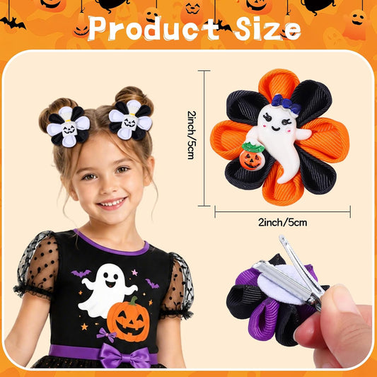 6PCS Halloween Hair Bows for Girls, Pumpkin Ghost Flower Hair Clips