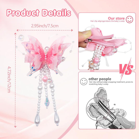 6-piece set of pearl bow tassel hair clips. Highlight the girl's gentle and sweet style. Suitable for girls and children. 3color combinations for butterflies: yellow, green, and pink