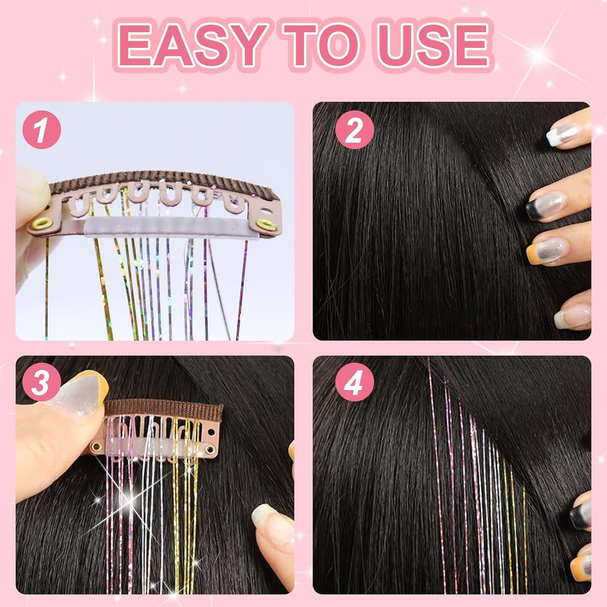 18 Pcs Hair Tinsel Clip in, Pink Hair Tinsel Kit, Tinsel Hair Extensions