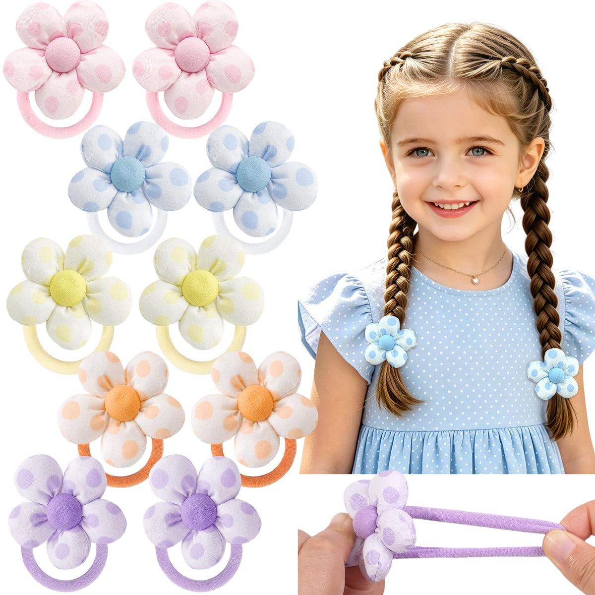 CÉLLOT 10PCS Flower Hair Ties,4cm in Diameter Seamless Nylon Bands, Normal Ponytail Holders for Girls,Teens and Women