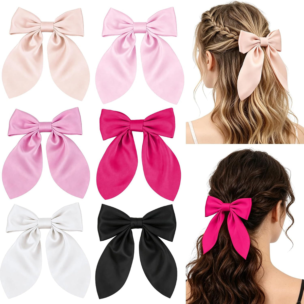 Bow Hair Clips for Women, 6Pcs Pink Hair Bows for Girls, Silky Satin Bows