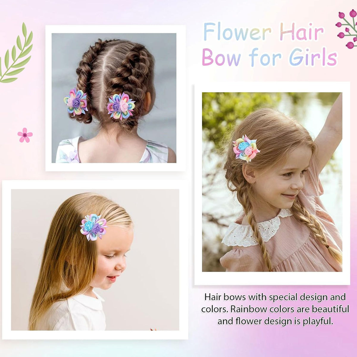 TOKUFAGU 6PCS Hair Bows for Girls, Flower Hair Clips Rainbow Hair Accessories for Girls Toddler Bows with Alligator Clips for Kids Child Teens(Rainbow)