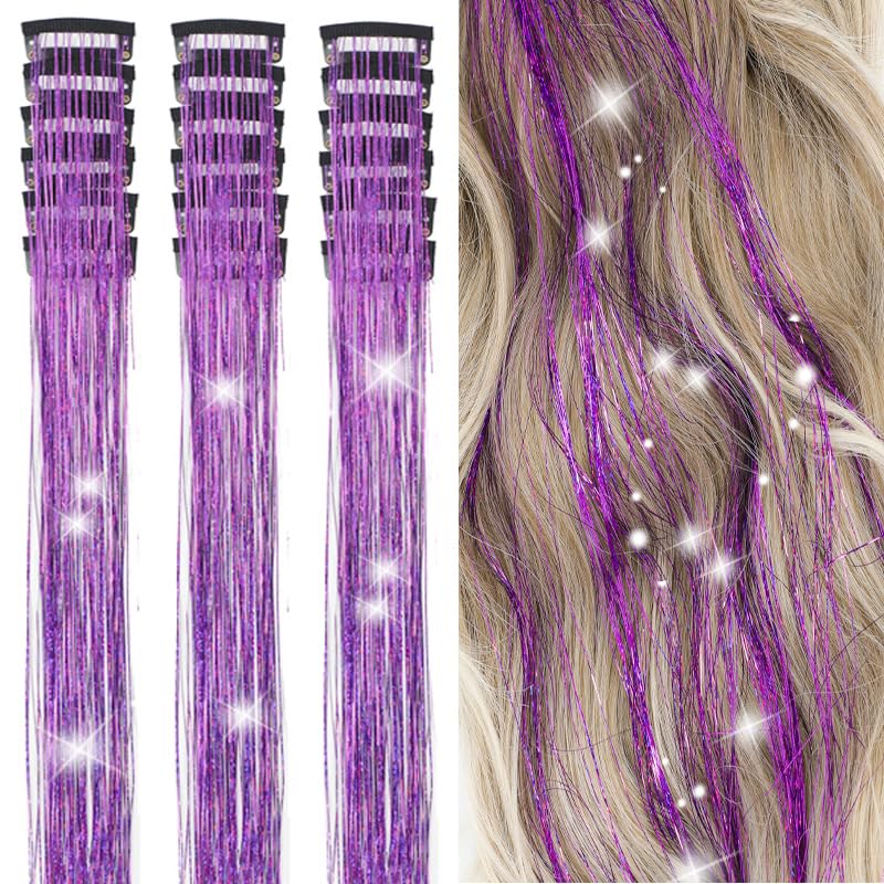 18 Pcs Hair Tinsel Clip in, Pink Hair Tinsel Kit, Tinsel Hair Extensions