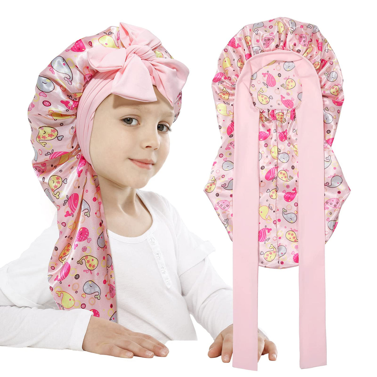 AWAYTR Kids Satin Bonnet for Girls Braids Long Hair Bonnet Sleeping Cap